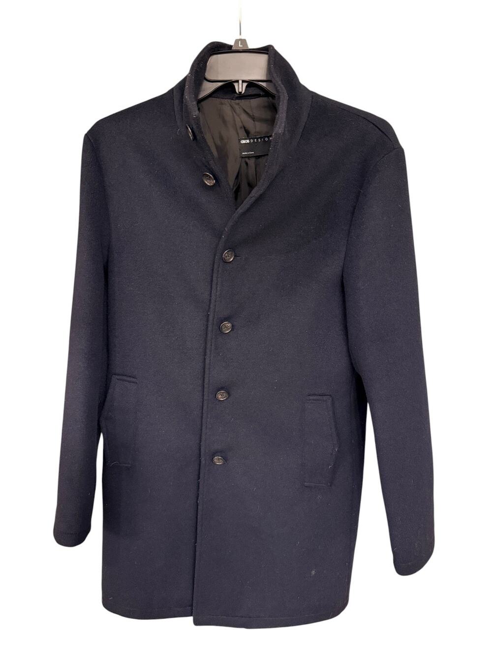 ASOS DESIGN Men s M Navy Funnel Neck Overcoat Longline Button Wool Look